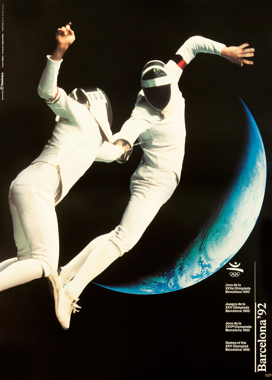 Plakat mit Abbildung zweier Fechter. Im Hintergrund der Planet Erde