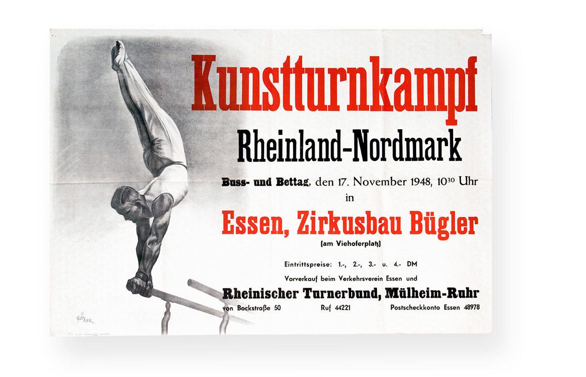 Plakat mit Zeichnung eines Turners im Handstand auf dem Barren