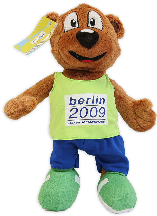 Plüschfigur eines Bären in Leitathletik Outfit