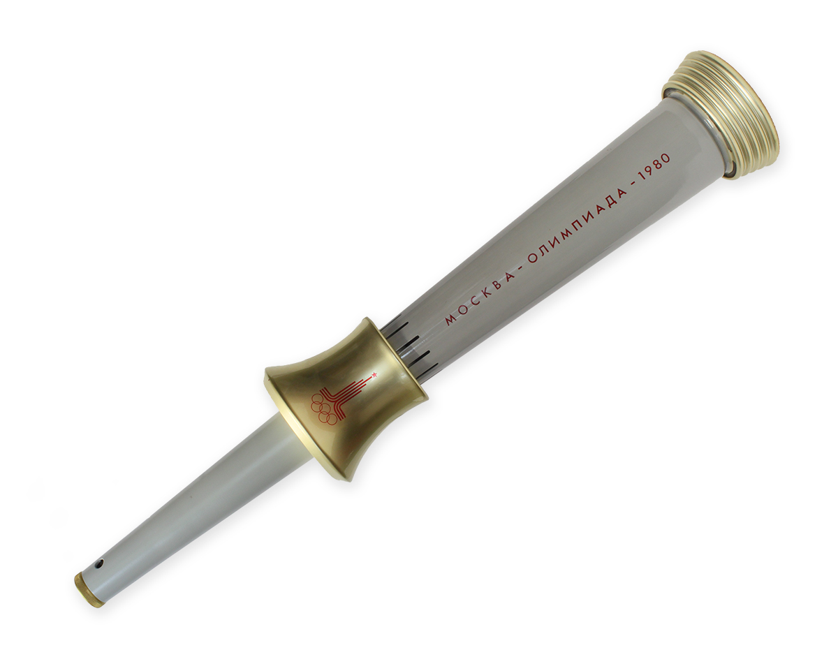 Fackel der Olympischen Spiele 1980 in Moskau. Fackel in Weiß und Gold mit roter Schrift
