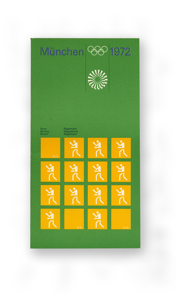 Günes Heft mit den Regeln zum Boxturnier der olympsichen Spiele 1972 in München. Piktogramm mit Boxer