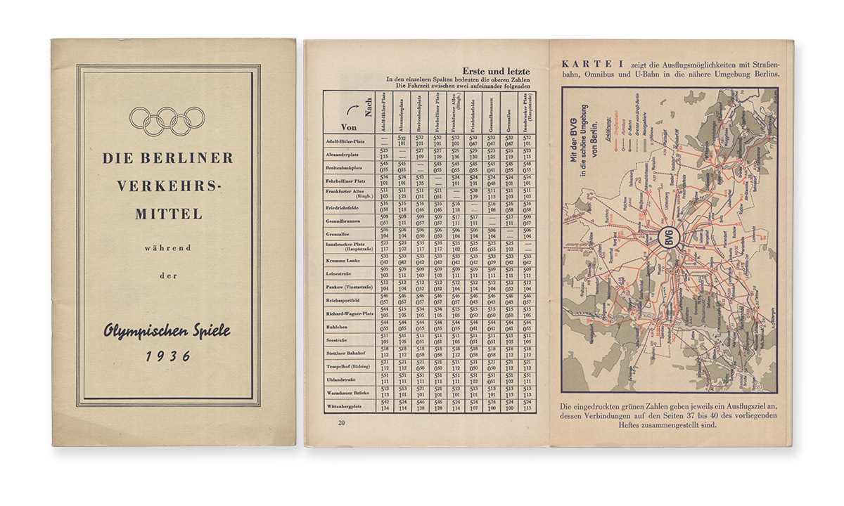 Broschüre der Berliner Verkehrsgesellschaft mit Olympischen Ringen