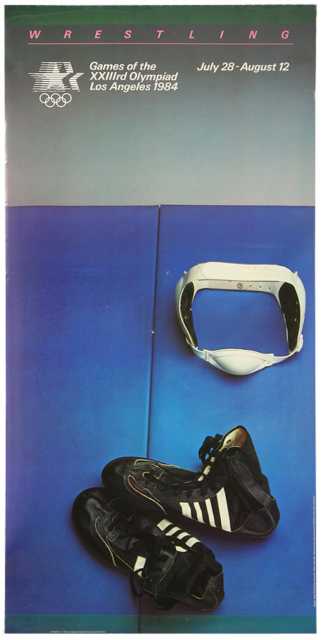 Plakat mit Abbildung von Mattenschuhen, Matte und Ohrenschutz