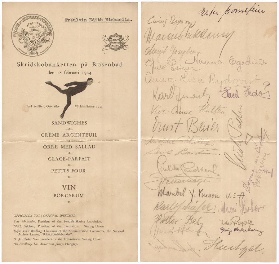 Menükarte mit original Unterschriften einiger sportler auf der Rückseite