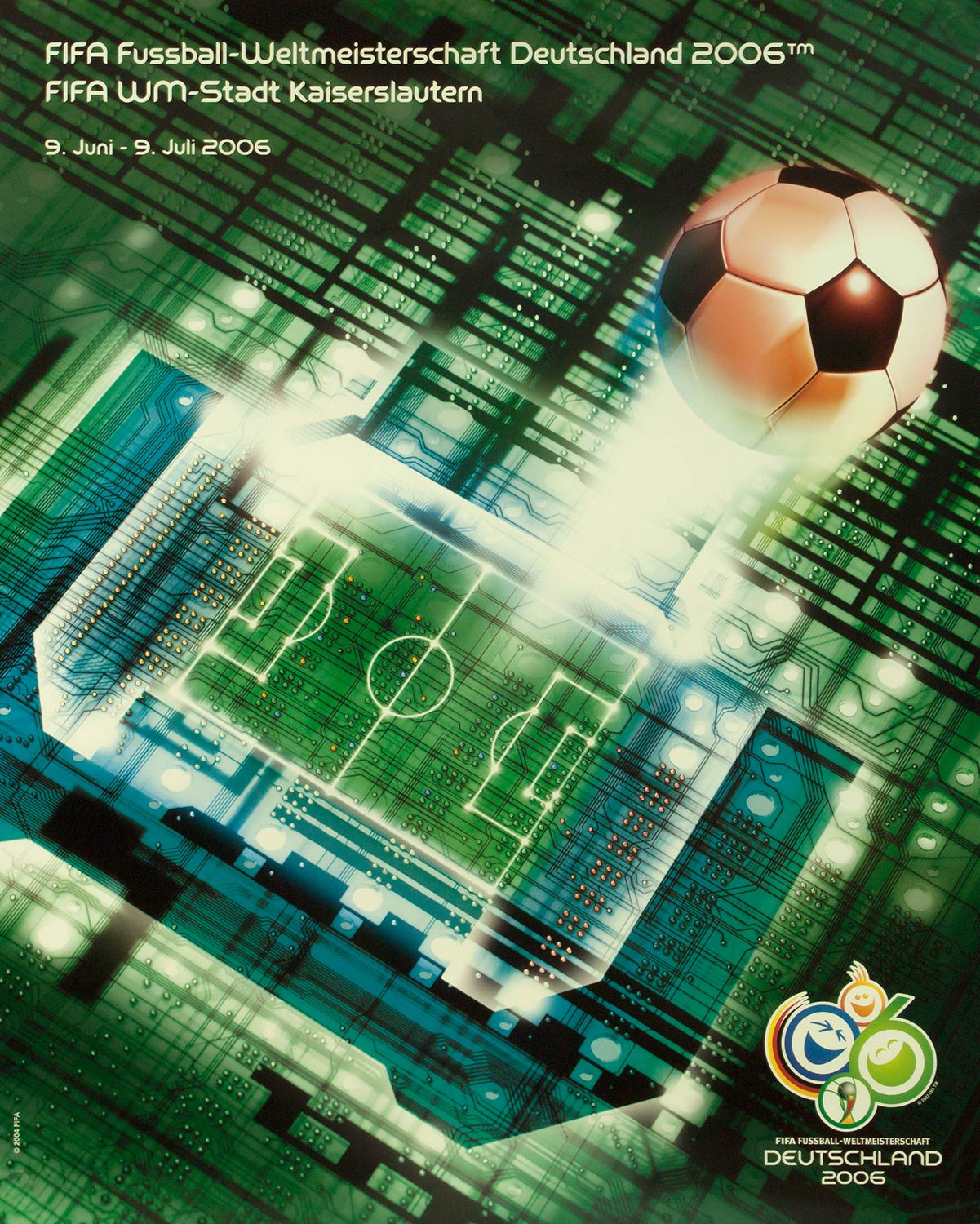 Plakat mit der stilisierten Abbildung des Fritz-Walter-Stadions in Kaiserslautern, darüber ein Ball.