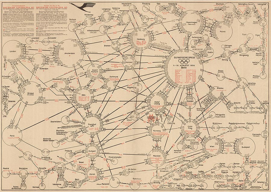 Sommerflugplan auf dem die Stadt Berlin mit den Olympischen Spielen gekennzeichnet ist